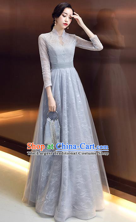 Professional Modern Dance Blue Lace Full Dress Compere Stage Performance Costume for Women