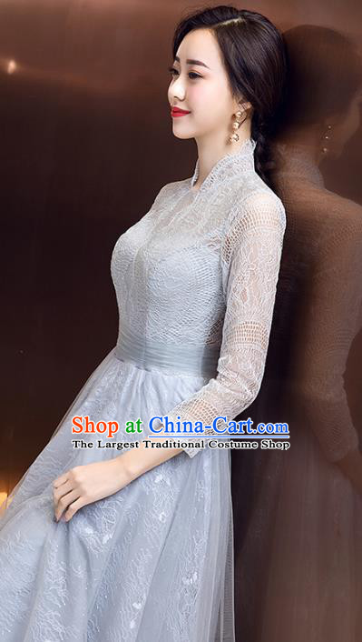 Professional Modern Dance Blue Lace Full Dress Compere Stage Performance Costume for Women