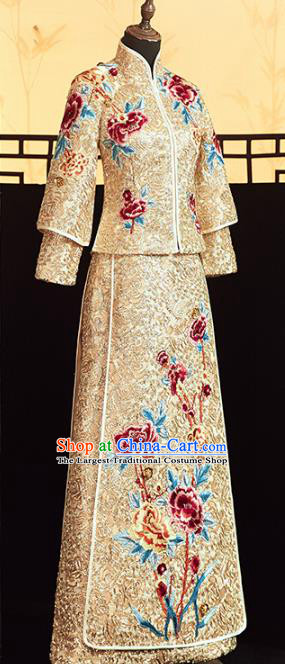 Chinese Traditional Embroidered Peony Golden Xiuhe Suits Wedding Dress Ancient Bride Costume for Women