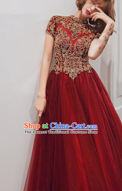 Professional Modern Dance Bride Embroidered Red Dress Compere Stage Performance Costume for Women