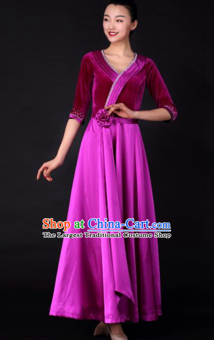 Professional Chorus Modern Dance Purple Velvet Dress Opening Dance Stage Performance Costume for Women