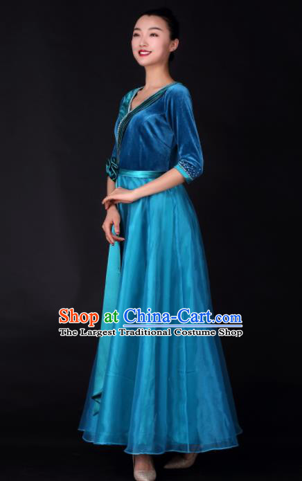 Professional Chorus Modern Dance Blue Velvet Dress Opening Dance Stage Performance Costume for Women