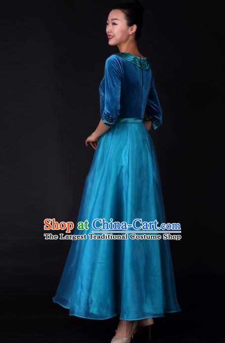 Professional Chorus Modern Dance Blue Velvet Dress Opening Dance Stage Performance Costume for Women
