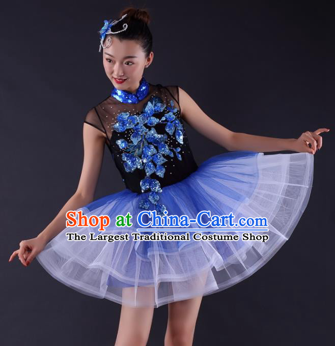 Professional Modern Dance Blue Short Dress Opening Dance Compere Stage Performance Costume for Women
