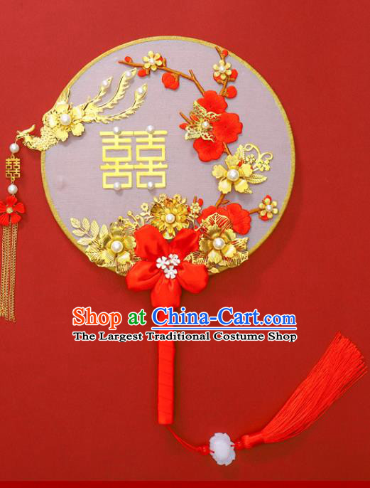 Chinese Traditional Hanfu Golden Phoenix Plum Palace Fans Classical Wedding Round Fan for Women