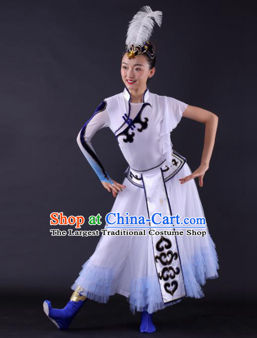 Chinese Traditional Mongolian Dance White Dress China Mongol Nationality Stage Performance Costume for Women