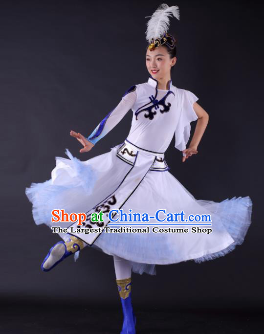 Chinese Traditional Mongolian Dance White Dress China Mongol Nationality Stage Performance Costume for Women