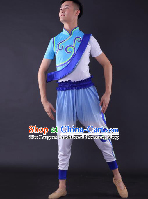 Chinese Traditional Male Dance Blue Clothing China Folk Dance Stage Performance Costume for Men