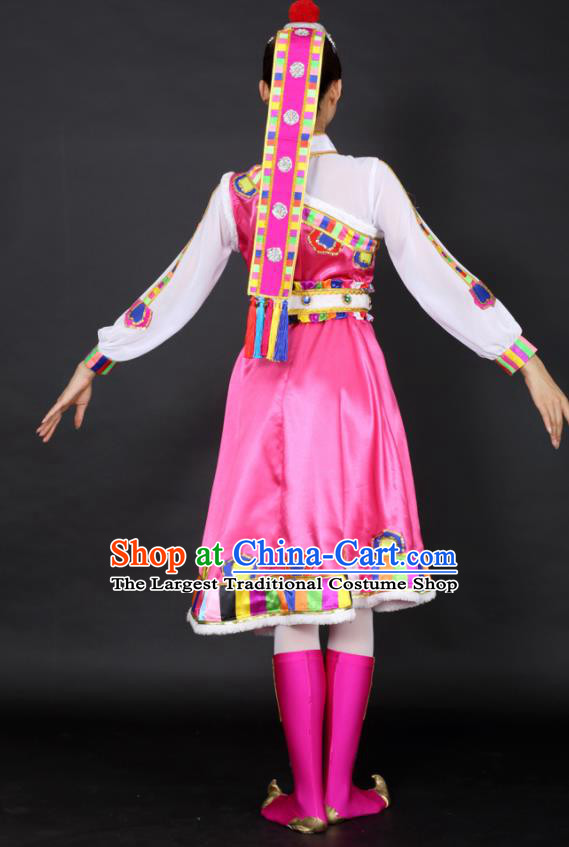 Chinese Tibetan Dance Pink Dress Traditional Zang Nationality Stage Performance Costume for Women