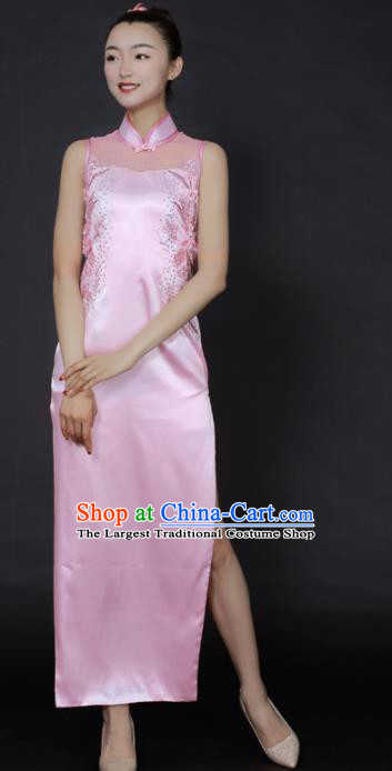 Chinese Classical Dance Pink Qipao Dress Traditional Fan Dance Stage Performance Costume for Women
