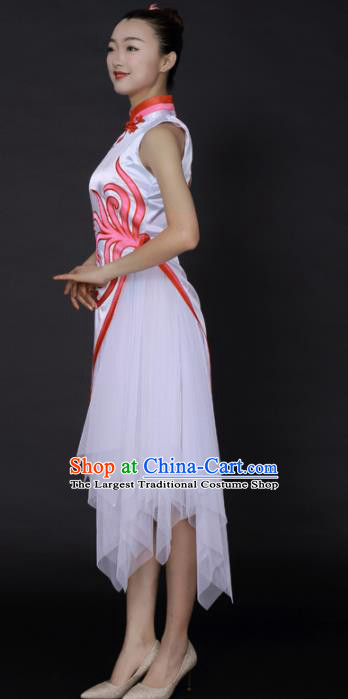 Chinese Classical Dance White Veil Short Qipao Dress Traditional Fan Dance Stage Performance Costume for Women