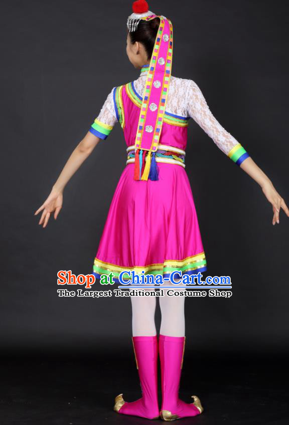 Chinese Tibetan Dance Rosy Short Dress Traditional Zang Nationality Stage Performance Costume for Women