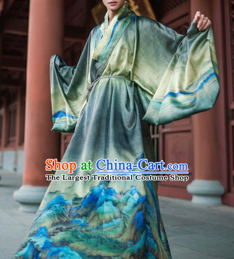 Chinese Traditional Ming Dynasty Scholar Historical Costume Ancient Taoist Green Robe for Men