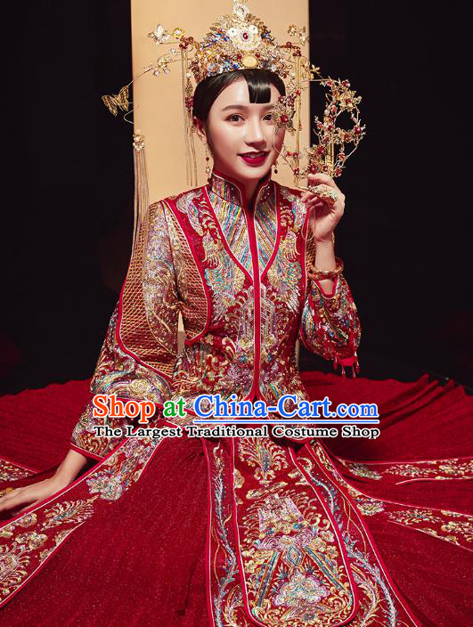 Chinese Traditional Embroidered Drilling Phoenix Xiuhe Suits Wedding Dress Ancient Bride Costume for Women