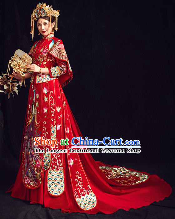 Chinese Traditional Bride Embroidered Phoenix Peony Red Xiuhe Suits Wedding Dress Ancient Costume for Women