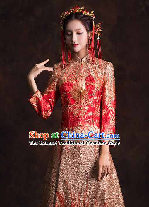 Chinese Traditional Embroidered Red Diamante Xiuhe Suits Wedding Bride Dress Ancient Costume for Women