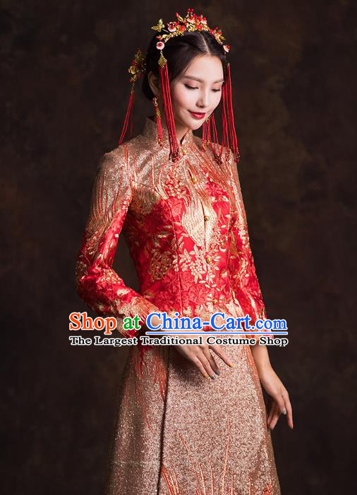 Chinese Traditional Embroidered Red Diamante Xiuhe Suits Wedding Bride Dress Ancient Costume for Women