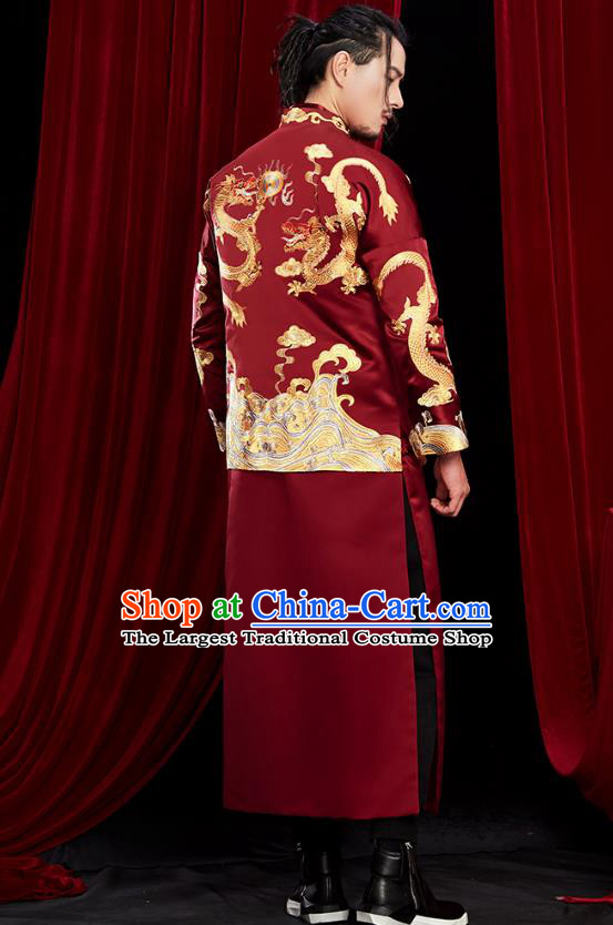 Chinese Traditional Embroidered Dark Red Mandarin Jacket and Robe Wedding Tang Suit Ancient Bridegroom Costume for Men