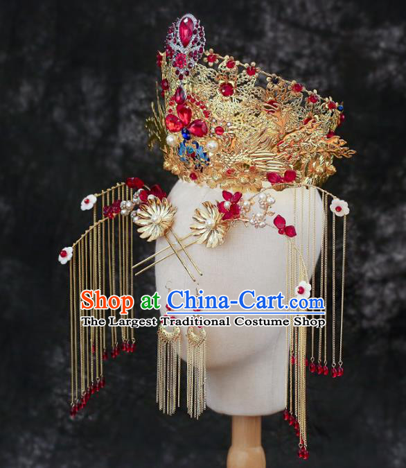 Chinese Traditional Wedding Red Crystal Phoenix Coronet and Tassel Hairpins Hair Accessories for Women
