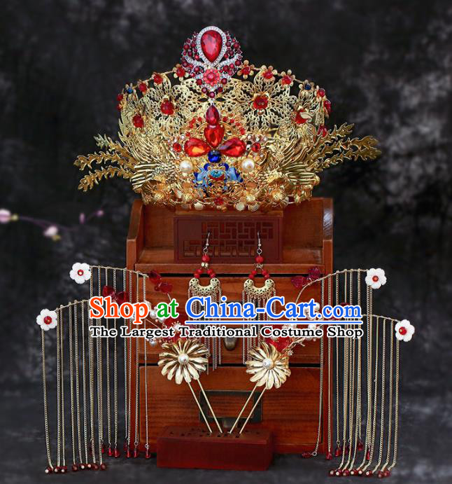 Chinese Traditional Wedding Red Crystal Phoenix Coronet and Tassel Hairpins Hair Accessories for Women