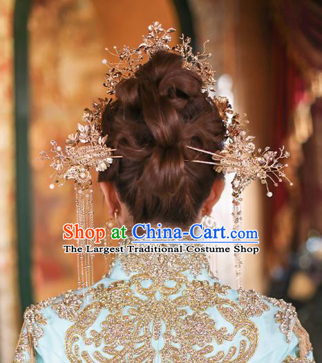 Chinese Traditional Hanfu Golden Hair Comb and Tassel Hairpins Ancient Hair Accessories for Women