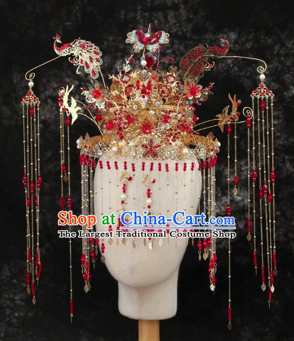 Chinese Traditional Wedding Bride Red Peacock Phoenix Coronet Tassel Hairpins Hair Accessories for Women