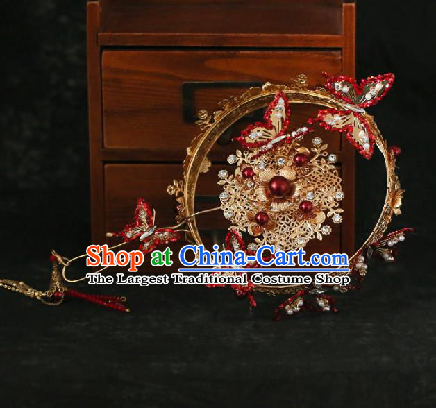 Chinese Traditional Red Butterfly Palace Fans Handmade Classical Hanfu Wedding Fan for Women