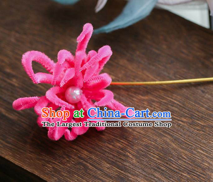 Chinese Traditional Hanfu Rosy Velvet Chrysanthemum Hairpins Ancient Qing Dynasty Hair Accessories for Women
