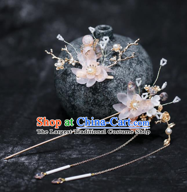 Chinese Traditional Hanfu Pink Silk Flower Tassel Hairpins Ancient Hair Accessories for Women