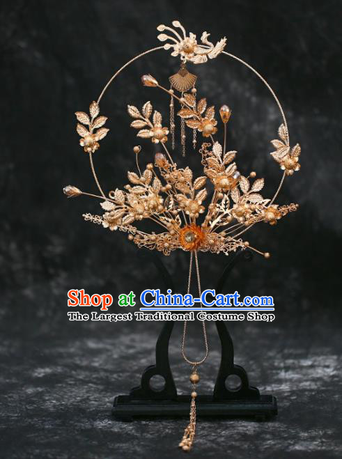 Chinese Traditional Golden Leaf Phoenix Palace Fans Handmade Classical Hanfu Wedding Fan for Women