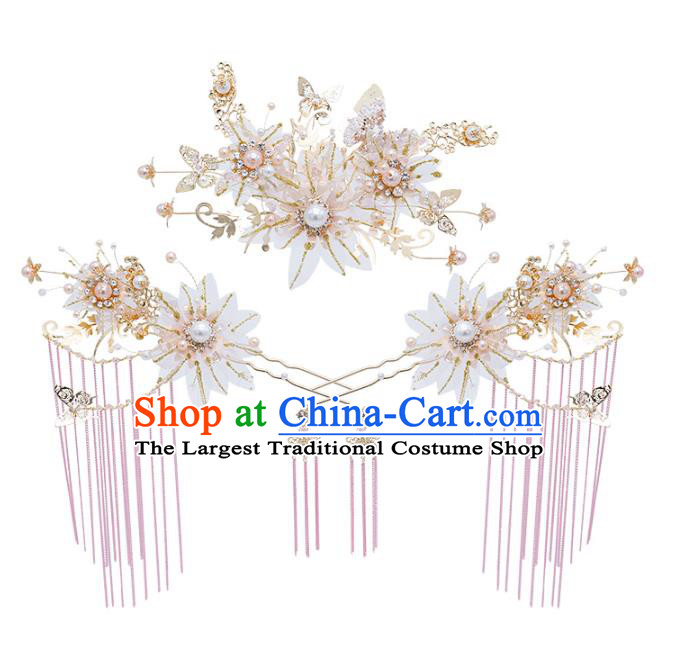 Chinese Traditional Hanfu Silk Flowers Hairpins and Hair Crown Hair Accessories Complete Set for Women