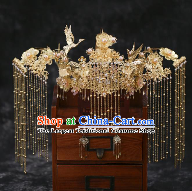 Chinese Traditional Wedding Golden Crane Tassel Phoenix Coronet Hair Accessories for Women