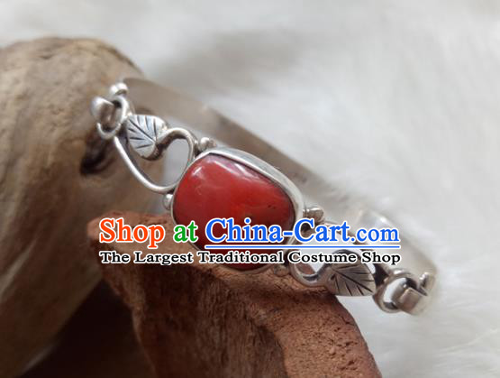Chinese Zang Nationality  Silver Red Coral Bracelet Handmade Traditional Tibetan Ethnic Jewelry Accessories for Women