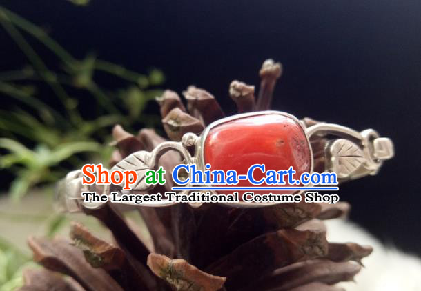 Chinese Zang Nationality  Silver Red Coral Bracelet Handmade Traditional Tibetan Ethnic Jewelry Accessories for Women
