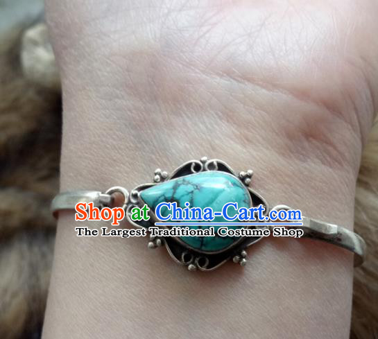 Chinese Zang Nationality Kallaite 925 Silver Bracelet Handmade Traditional Tibetan Ethnic Jewelry Accessories for Women