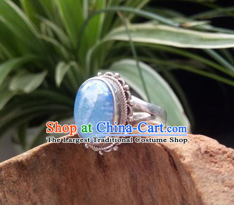 Chinese Zang Nationality Blue Moonstone Rings Handmade Traditional Tibetan Ethnic Jewelry Accessories for Women