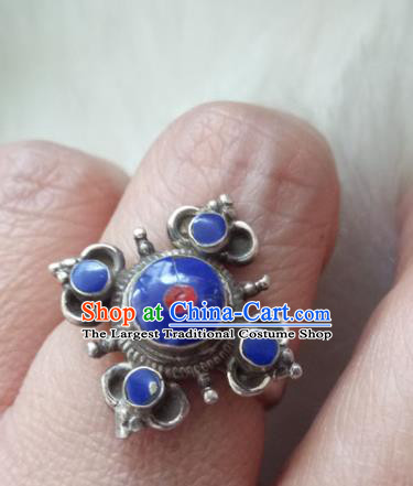 Chinese Zang Nationality Blue Stone Silver Rings Handmade Traditional Tibetan Ethnic Jewelry Accessories for Women