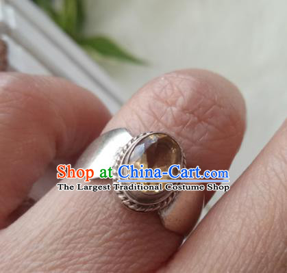 Chinese Zang Nationality Silver Citrine Rings Handmade Traditional Tibetan Ethnic Jewelry Accessories for Women