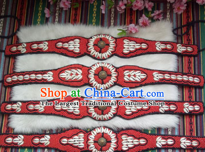 Chinese Zang Nationality Red Beads Shell Belts Handmade Traditional Tibetan Ethnic Waistband Accessories for Women
