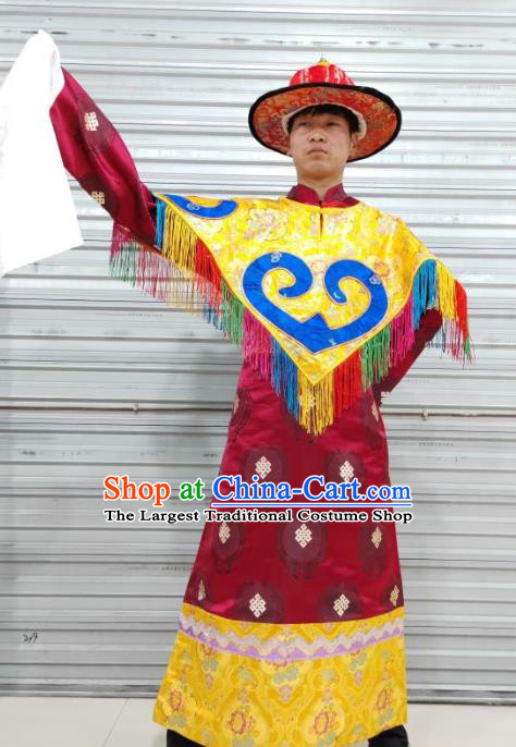 Chinese Zang Nationality Folk Dance Wine Red Costumes Traditional Tibetan Ethnic Robe for Men