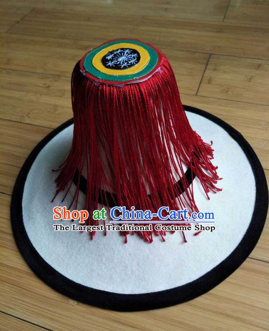 Handmade Chinese Zang Nationality Red Tassel Hat Traditional Tibetan Ethnic Woolen Hat for Women for Men