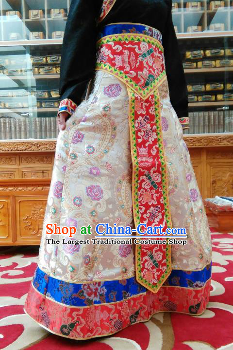 Chinese Zang Nationality Dance Costume Traditional Tibetan Ethnic White Brocade Skirt for Women