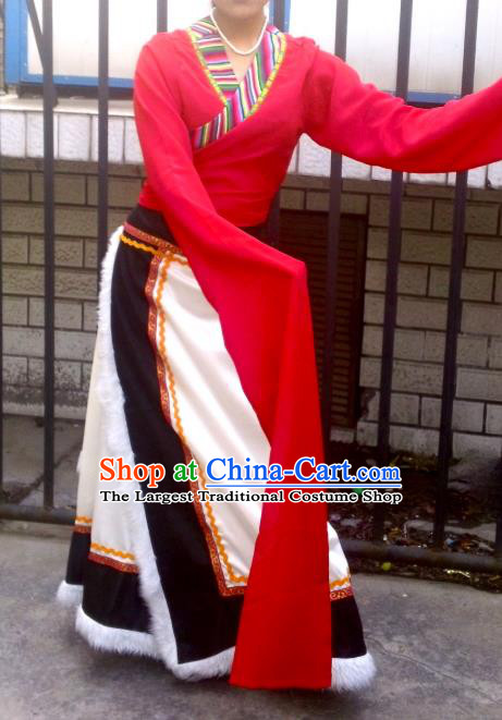Chinese Zang Nationality Folk Dance Costume Traditional Tibetan Ethnic Dress for Women