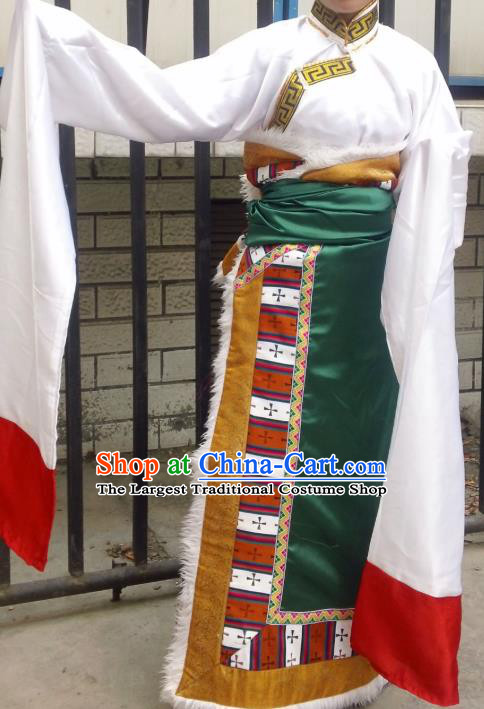 Chinese Zang Nationality Folk Dance Costume Green Tibetan Robe Traditional Ethnic Dress for Women