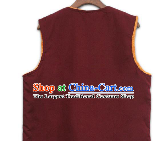 Chinese Tibetan Buddhism Wine Red Woolen Vest Traditional Monk Waistcoat Upper Outer Garment for Men