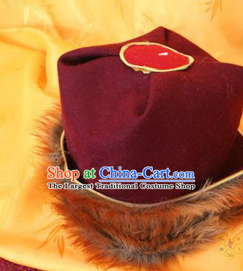 Handmade Chinese Tibetan Buddhism Wine Red Woolen Hat Traditional Zang Nationality Monk Hat for Men