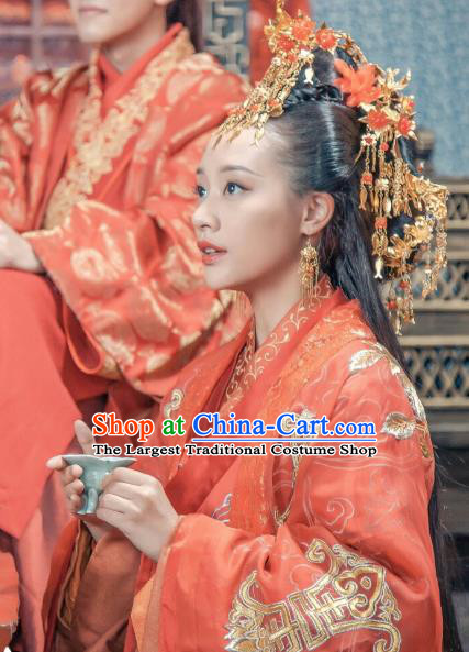 Drama Love is More Than A Word Ancient Qin Dynasty Princess Wedding Red Costume and Headpiece for Women