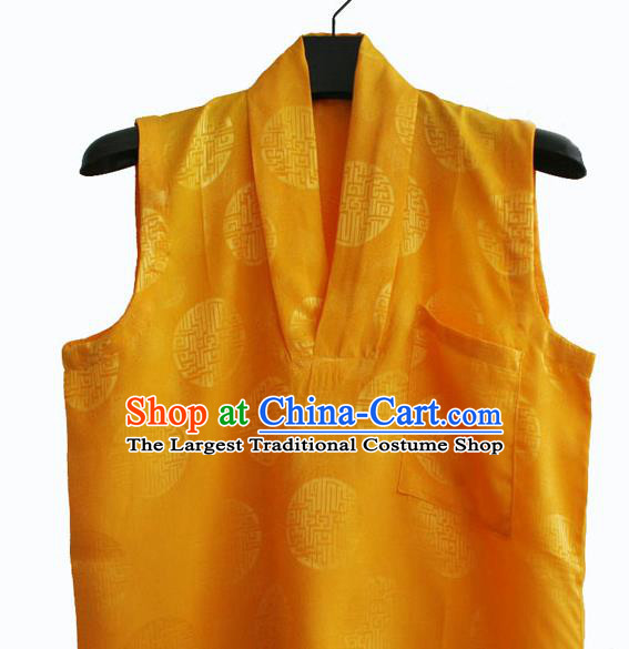 Chinese Tibetan Buddhism Golden Satin Vest Traditional Monk Waistcoat Upper Outer Garment for Men