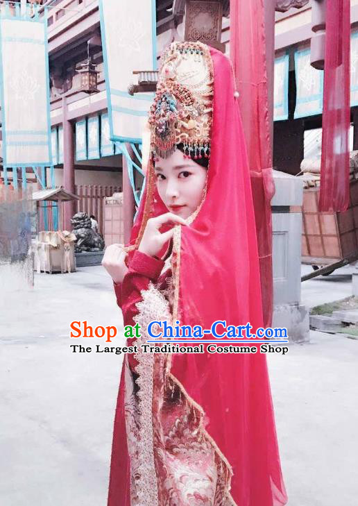 Chinese Ancient Bride Red Hanfu Dress Drama Legend of Yun Xi Costume and Headpiece for Women