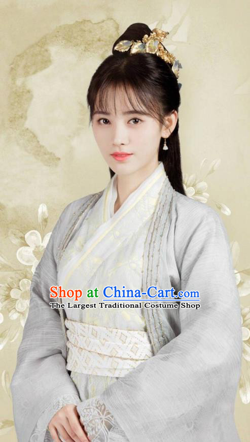 Chinese Ancient Princess Han Yunxi Grey Hanfu Dress Drama Legend of Yun Xi Costume and Headpiece for Women